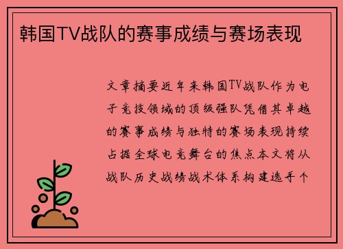 韩国TV战队的赛事成绩与赛场表现
